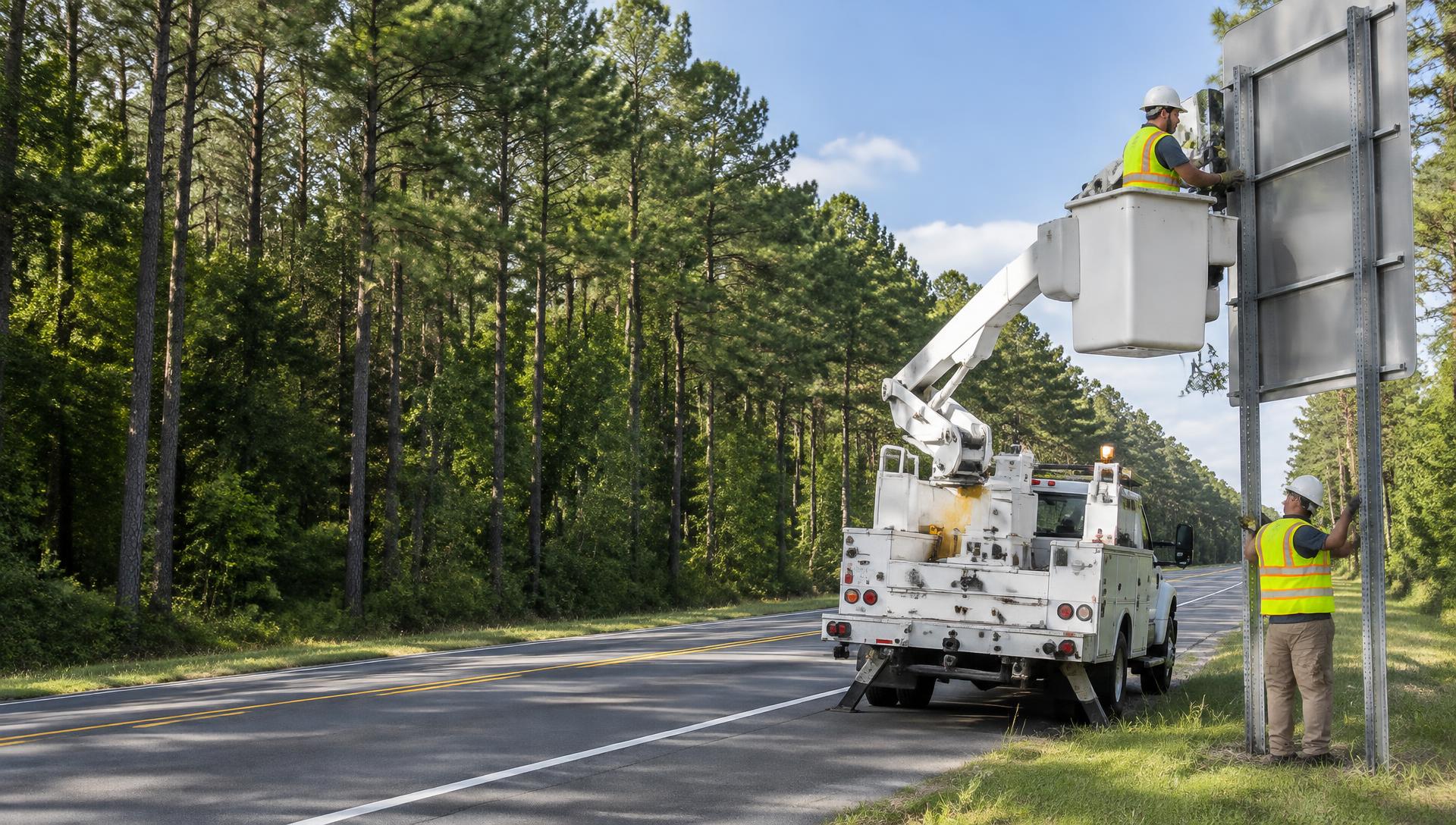 Crew in high-visibility workwear installing a roadside sign with a utility bucket truck