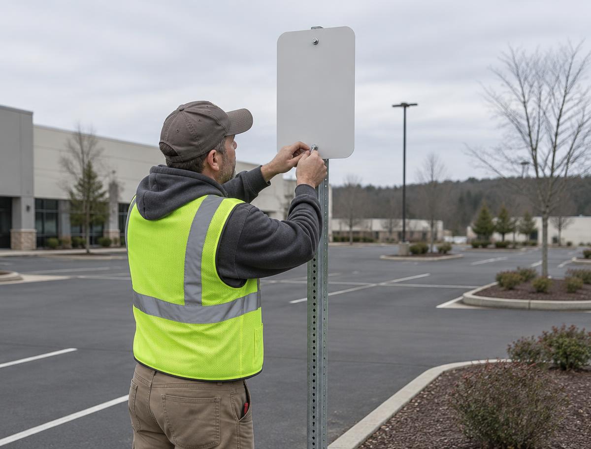 Installer mounting a parking sign onto a metal post