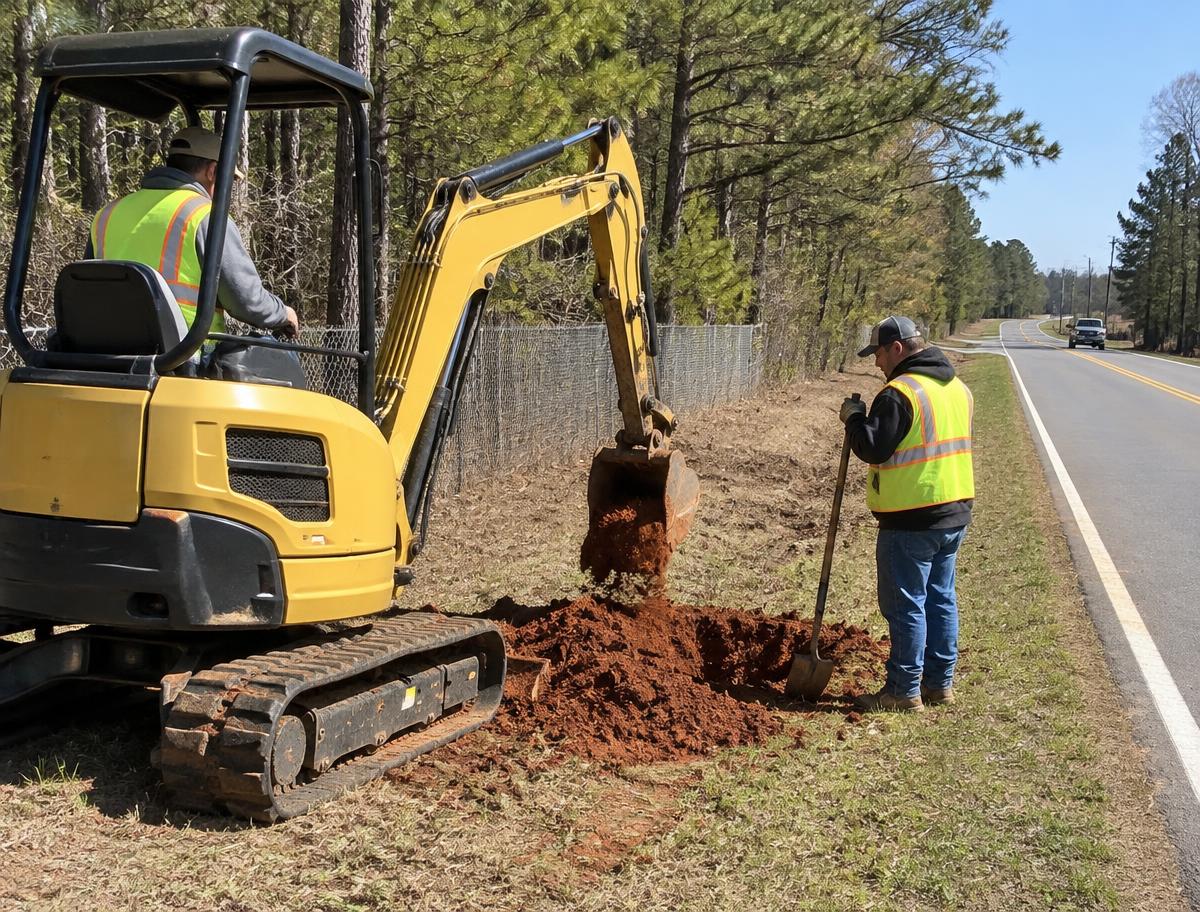 Field crew preparing a foundation for a roadside sign post